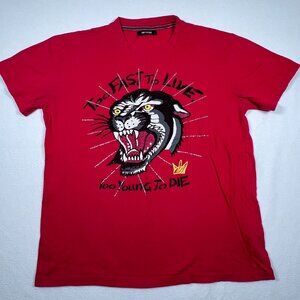 Imperious‎ LG Short Sleeve Shirt Big Cat Rhinestone Graphic Print Red Vintage